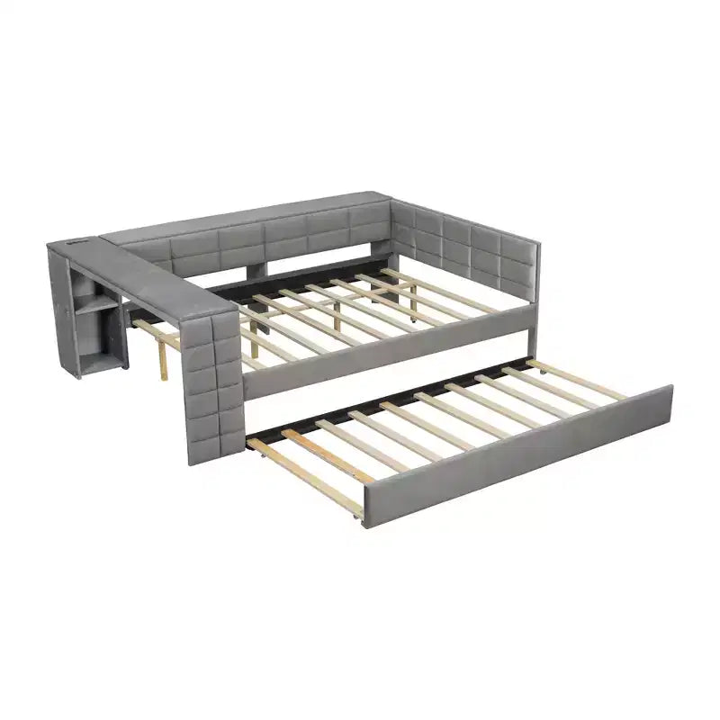 Full Size Platform Bed with Storage Shelves and Desk, Upholstered Sofa Daybed with Trundle and Charging Station