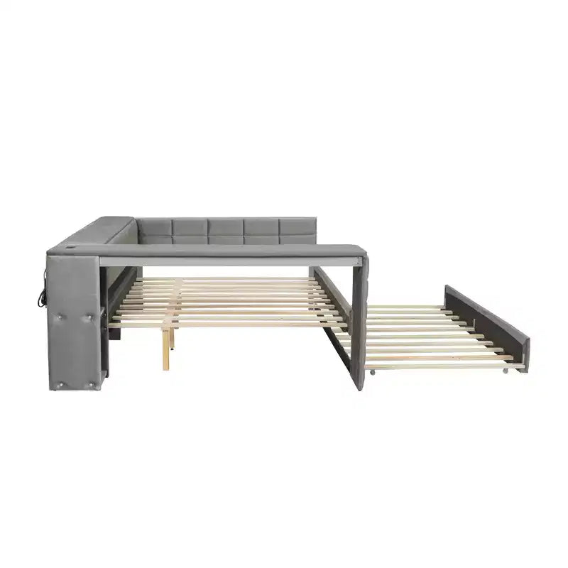 Full Size Platform Bed with Storage Shelves and Desk, Upholstered Sofa Daybed with Trundle and Charging Station