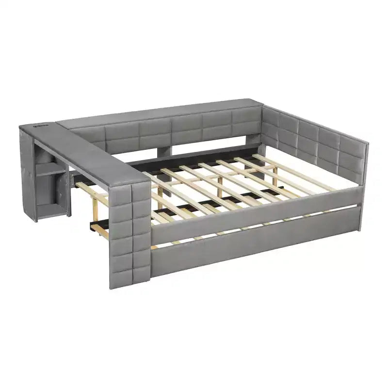 Full Size Platform Bed with Storage Shelves and Desk, Upholstered Sofa Daybed with Trundle and Charging Station