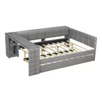 Letto a piattaforma full size con mensole portaoggetti e scrivania, divano letto imbottito con letto estraibile e stazione di ricarica