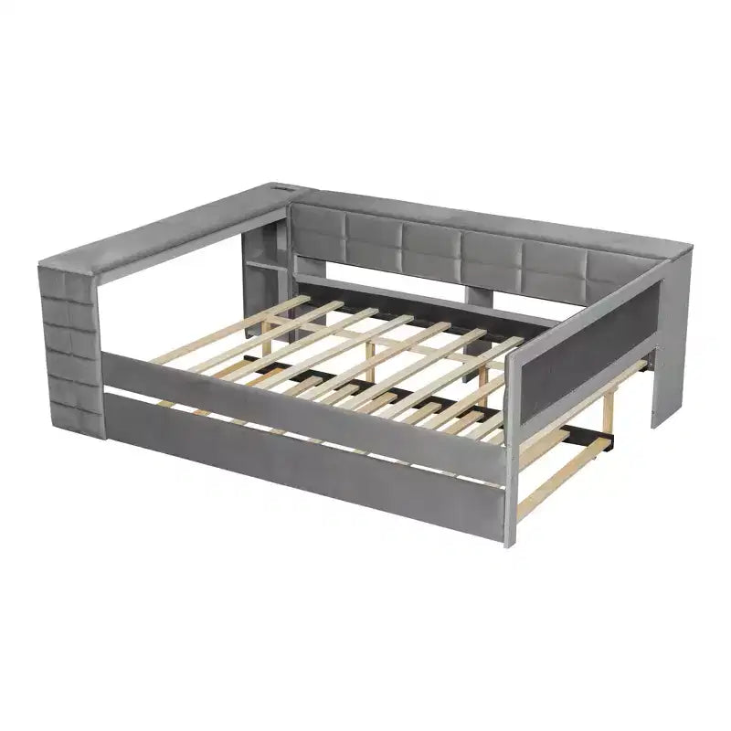 Full Size Platform Bed with Storage Shelves and Desk, Upholstered Sofa Daybed with Trundle and Charging Station