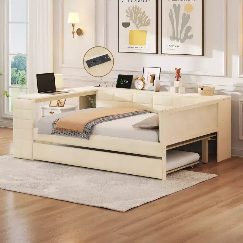 Full Size Platform Bed with Storage Shelves and Desk, Upholstered Sofa Daybed with Trundle and Charging Station
