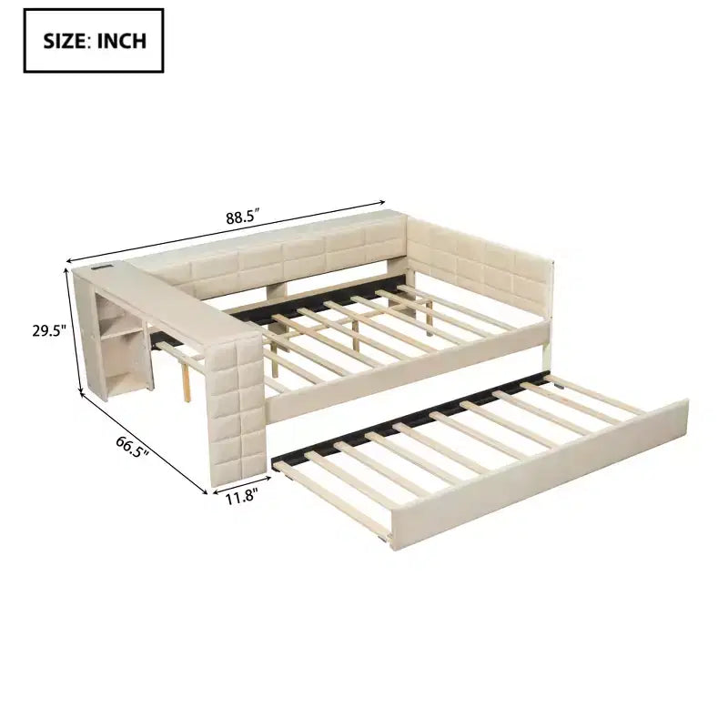 Full Size Platform Bed with Storage Shelves and Desk, Upholstered Sofa Daybed with Trundle and Charging Station