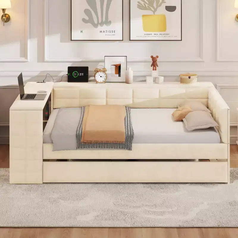 Full Size Platform Bed with Storage Shelves and Desk, Upholstered Sofa Daybed with Trundle and Charging Station