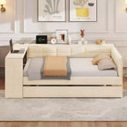 Letto a piattaforma full size con mensole portaoggetti e scrivania, divano letto imbottito con letto estraibile e stazione di ricarica