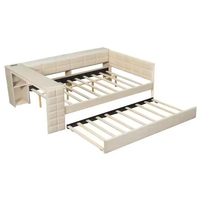 Full Size Platform Bed with Storage Shelves and Desk, Upholstered Sofa Daybed with Trundle and Charging Station