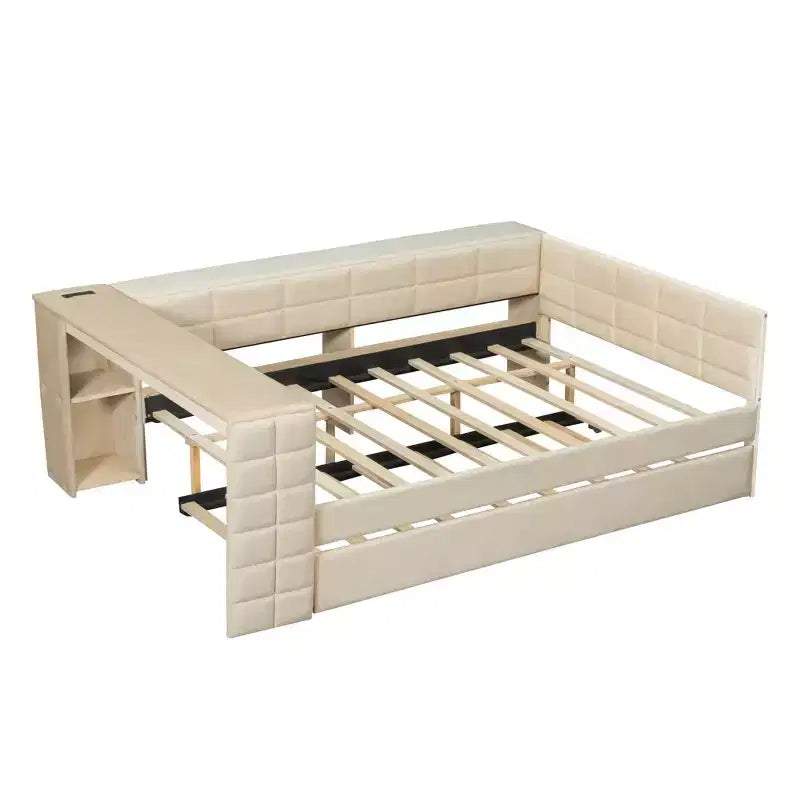 Full Size Platform Bed with Storage Shelves and Desk, Upholstered Sofa Daybed with Trundle and Charging Station