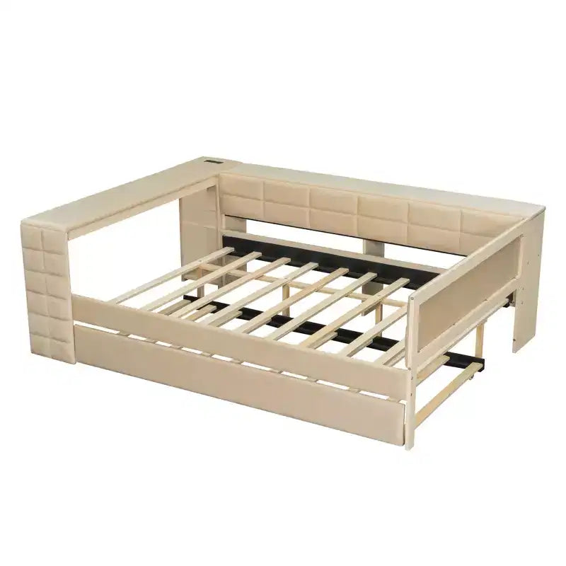 Full Size Platform Bed with Storage Shelves and Desk, Upholstered Sofa Daybed with Trundle and Charging Station
