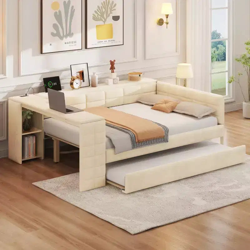 Full Size Platform Bed with Storage Shelves and Desk, Upholstered Sofa Daybed with Trundle and Charging Station
