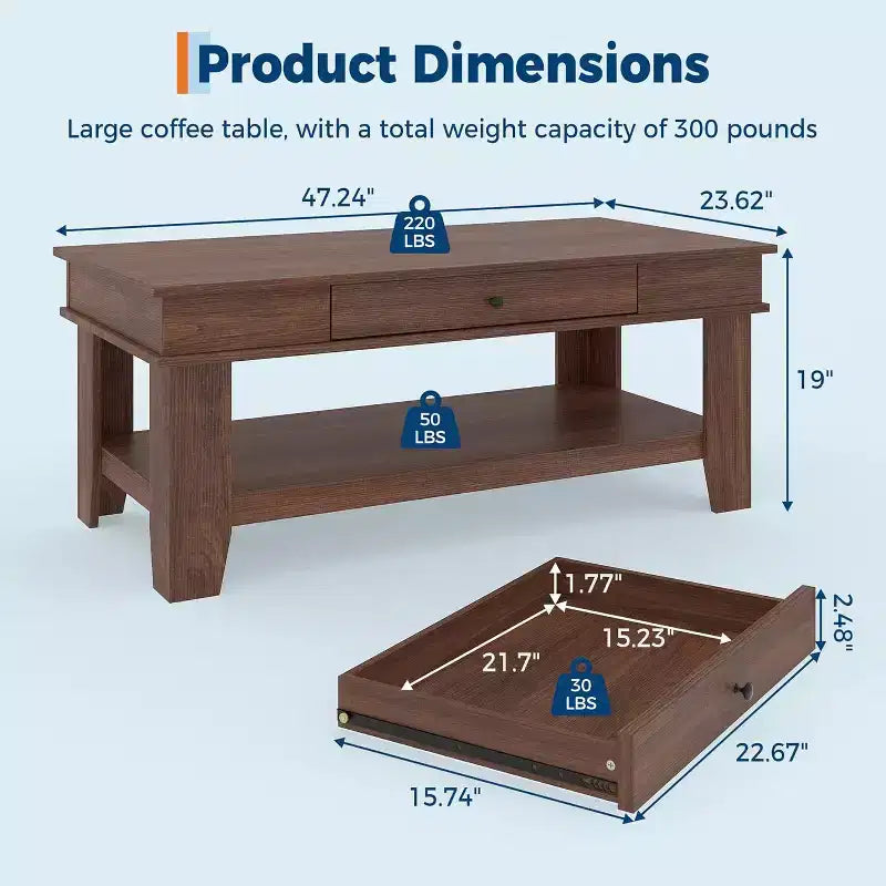 Rectangular Coffee Table with Drawer & Open Shelf, Rustic Finish Center Table with Heavy Duty Storage for Living Room