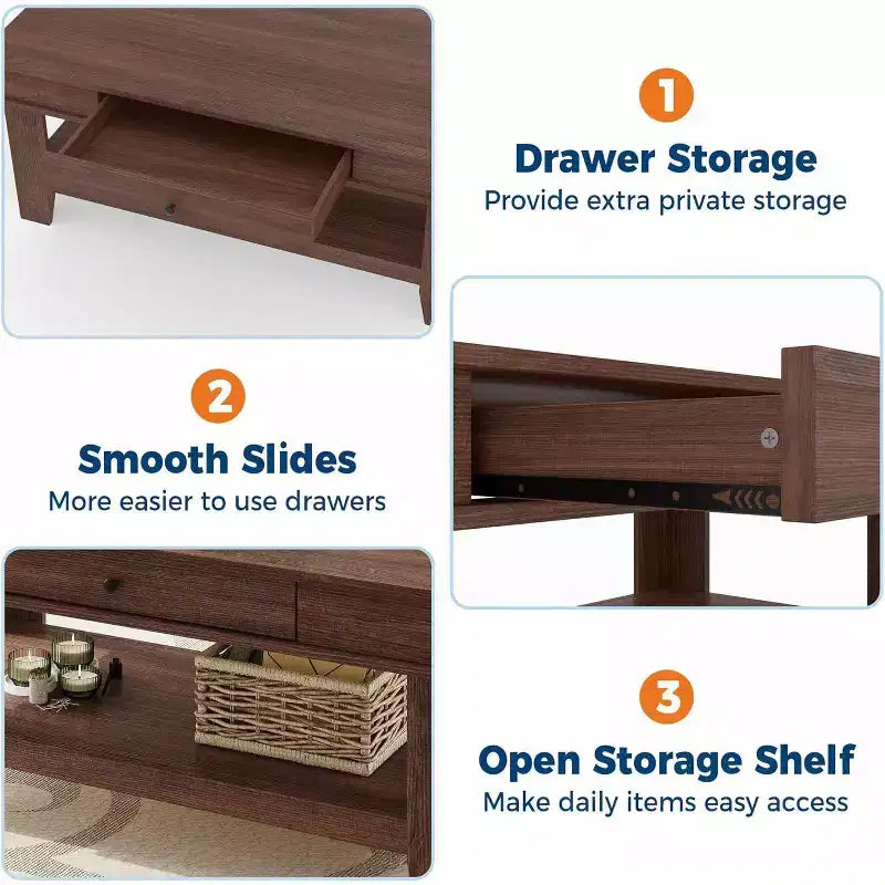 Rectangular Coffee Table with Drawer & Open Shelf, Rustic Finish Center Table with Heavy Duty Storage for Living Room