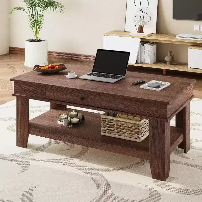 Rectangular Coffee Table with Drawer & Open Shelf, Rustic Finish Center Table with Heavy Duty Storage for Living Room
