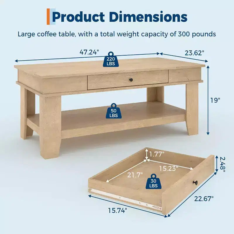 Rectangular Coffee Table with Drawer & Open Shelf, Rustic Finish Center Table with Heavy Duty Storage for Living Room