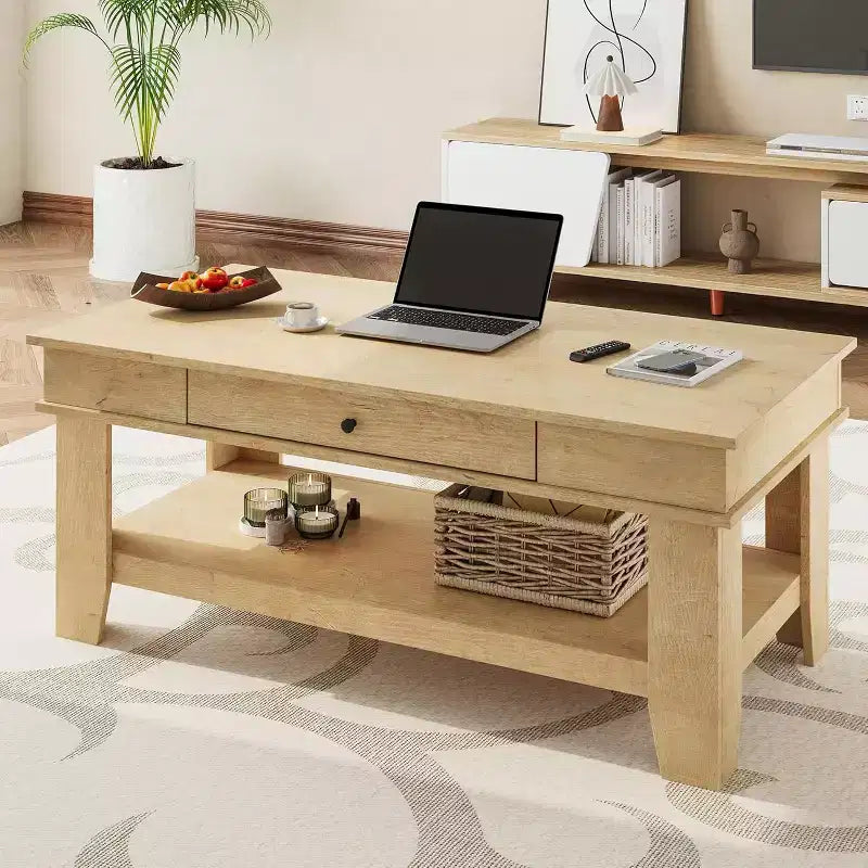 Rectangular Coffee Table with Drawer & Open Shelf, Rustic Finish Center Table with Heavy Duty Storage for Living Room