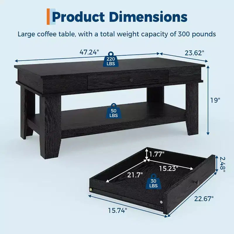 Rectangular Coffee Table with Drawer & Open Shelf, Rustic Finish Center Table with Heavy Duty Storage for Living Room