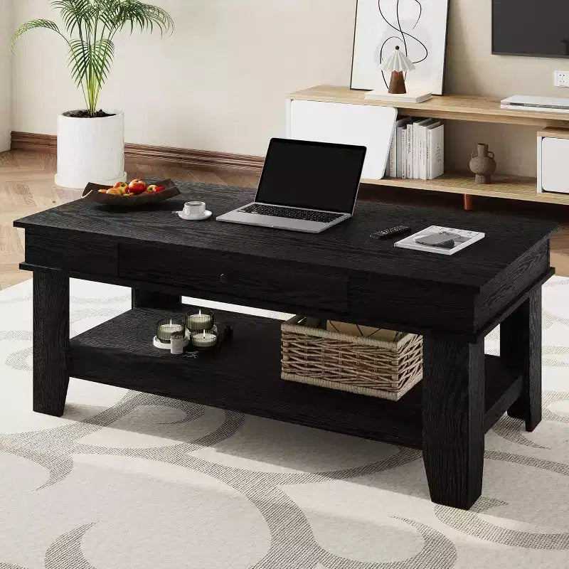 Rectangular Coffee Table with Drawer & Open Shelf, Rustic Finish Center Table with Heavy Duty Storage for Living Room
