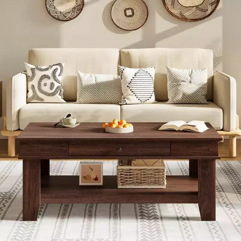 Rectangular Coffee Table with Drawer & Open Shelf, Rustic Finish Center Table with Heavy Duty Storage for Living Room