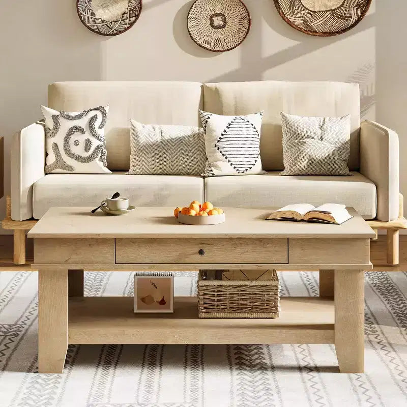 Rectangular Coffee Table with Drawer & Open Shelf, Rustic Finish Center Table with Heavy Duty Storage for Living Room