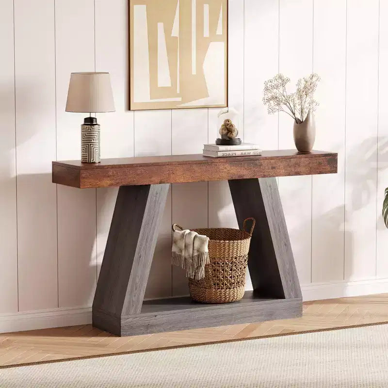 2-Tier Sofa Table with Open Storage Shelves, 55 Inch Farmhouse Narrow Console Table, Industrial Wooden Entryway Table Sofa Table Behind the Couch
