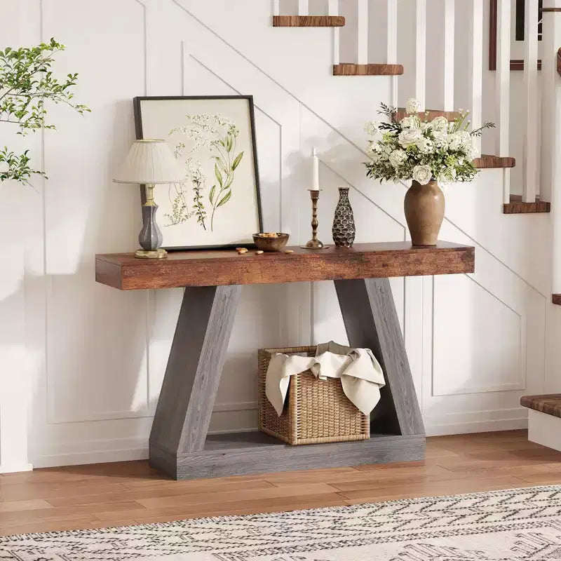 2-Tier Sofa Table with Open Storage Shelves, 55 Inch Farmhouse Narrow Console Table, Industrial Wooden Entryway Table Sofa Table Behind the Couch