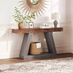 Tavolino da Divano a 2 Livelli con Ripiani Aperti, Tavolino Console Stretto in Stile Rustico da 140 cm, Tavolino Industriale in Legno per Ingresso, Tavolino Dietro il Divano