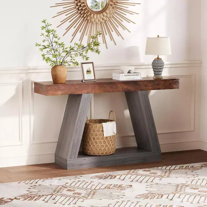 2-Tier Sofa Table with Open Storage Shelves, 55 Inch Farmhouse Narrow Console Table, Industrial Wooden Entryway Table Sofa Table Behind the Couch
