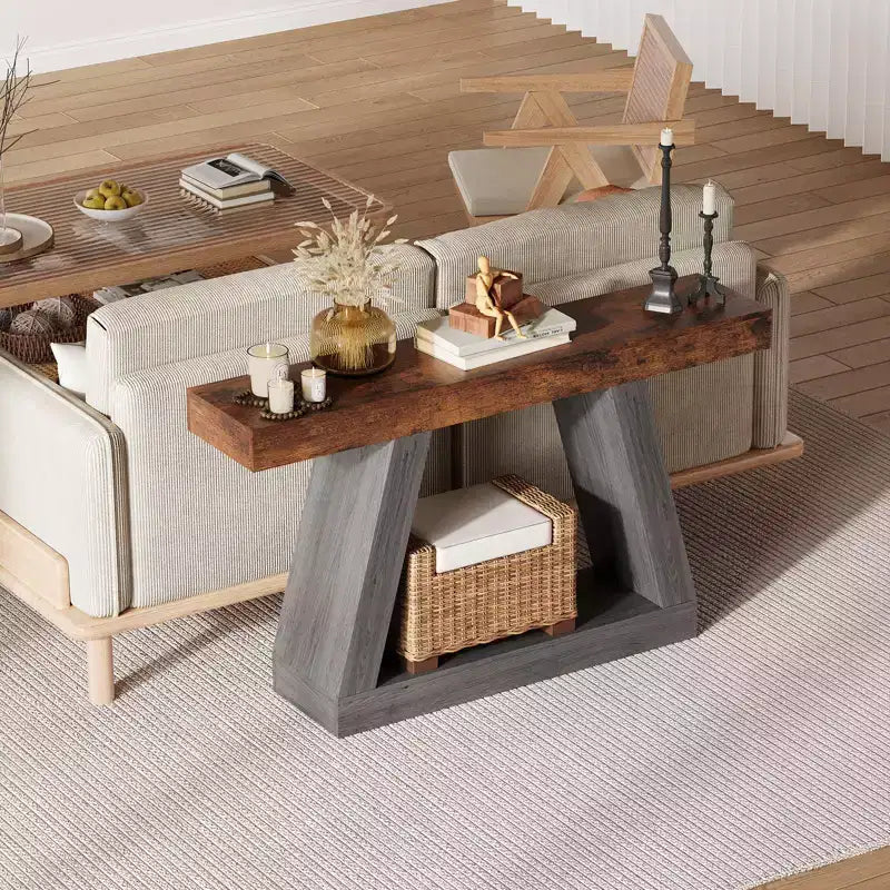 2-Tier Sofa Table with Open Storage Shelves, 55 Inch Farmhouse Narrow Console Table, Industrial Wooden Entryway Table Sofa Table Behind the Couch