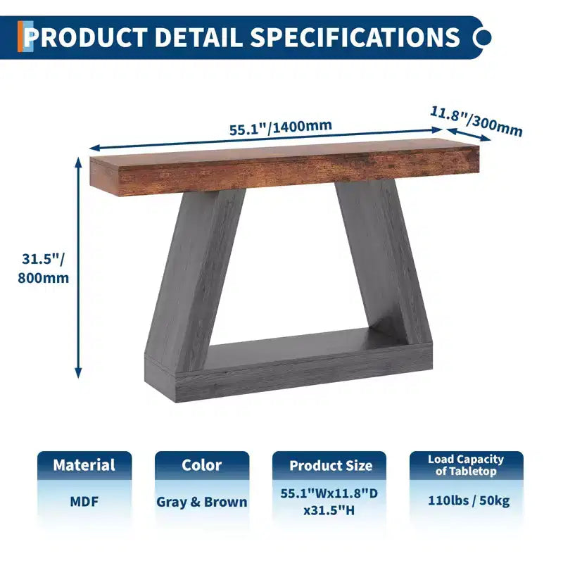 2-Tier Sofa Table with Open Storage Shelves, 55 Inch Farmhouse Narrow Console Table, Industrial Wooden Entryway Table Sofa Table Behind the Couch