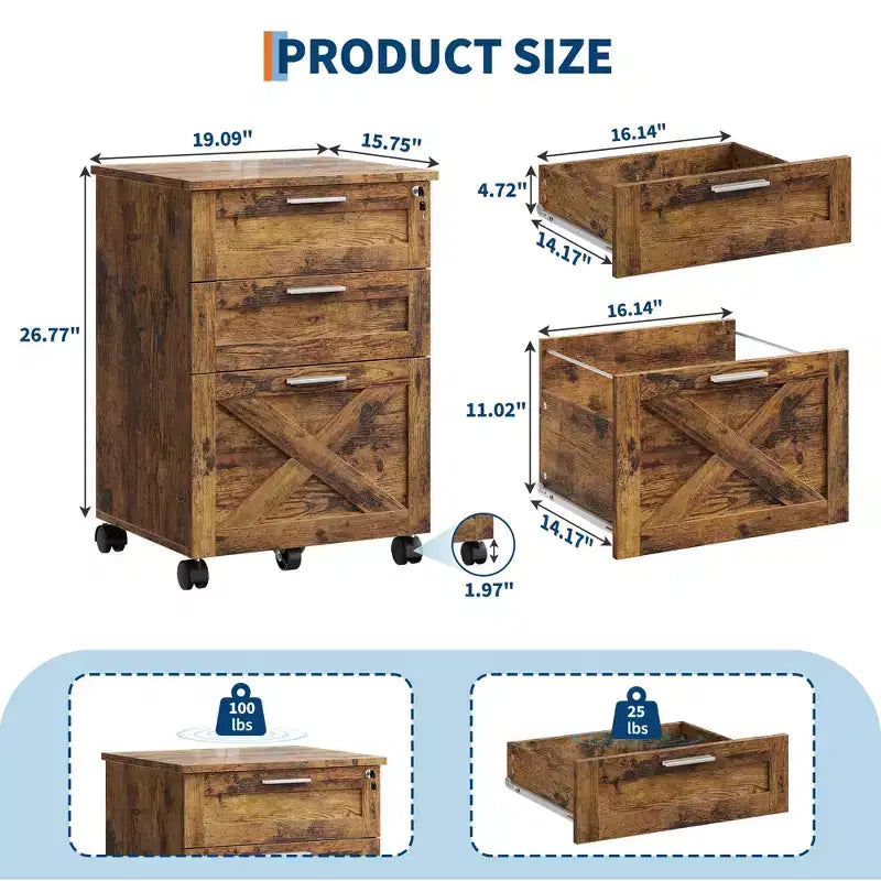 3-Drawer Mobile File Cabinet with Lock – Under Desk Office Storage Organizer