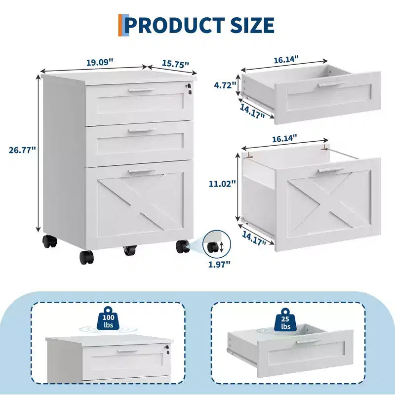 3-Drawer Mobile File Cabinet with Lock – Under Desk Office Storage Organizer