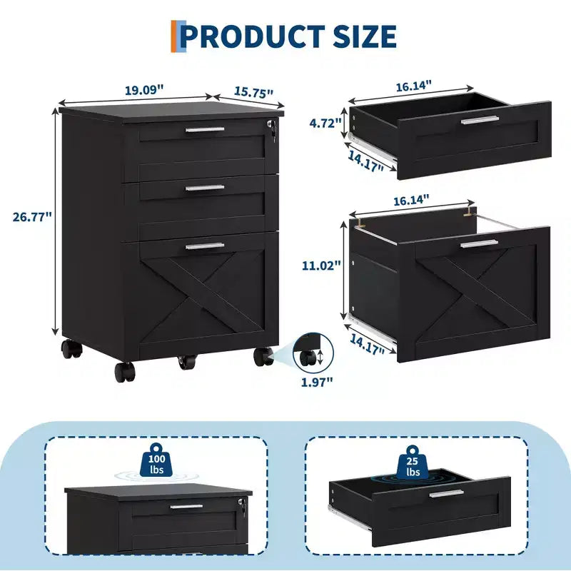 3-Drawer Mobile File Cabinet with Lock – Under Desk Office Storage Organizer
