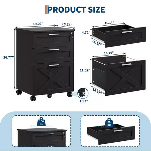 3-Drawer Mobile File Cabinet with Lock – Under Desk Office Storage Organizer