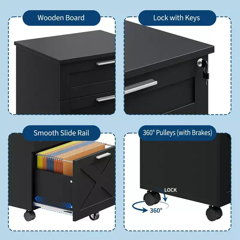3-Drawer Mobile File Cabinet with Lock – Under Desk Office Storage Organizer