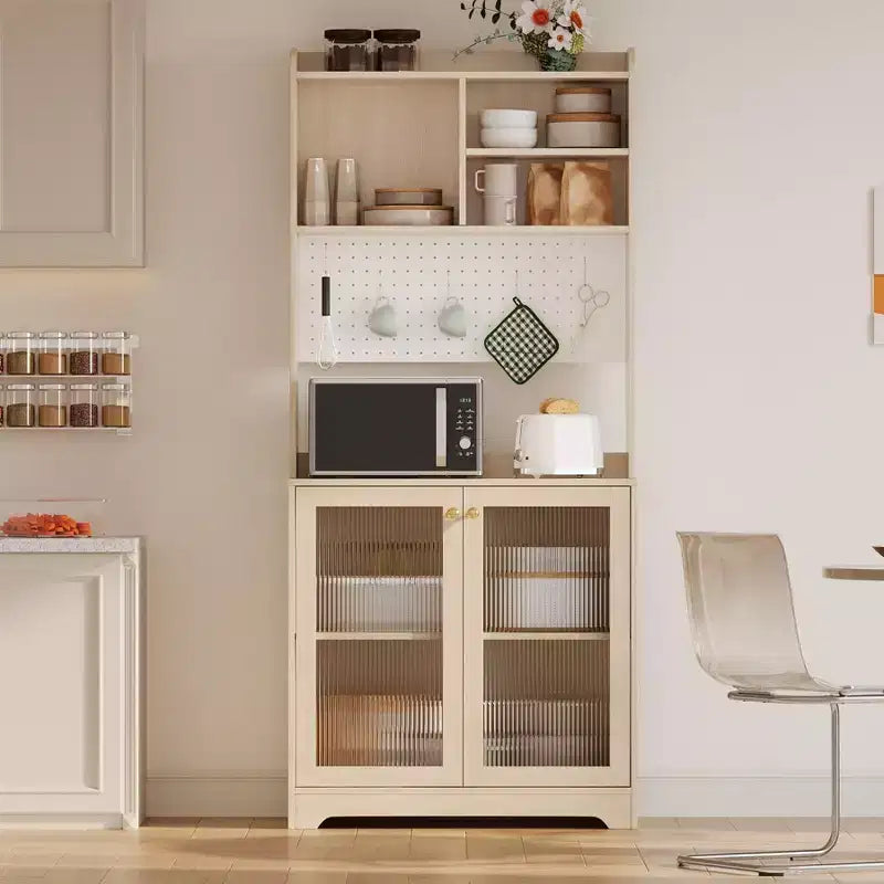 71 Tall Pantry Cabinet with 2 Glass Doors & Adjustable Shelves,Modern Farmhouse Storage for Kitchen, Dining & Living Room