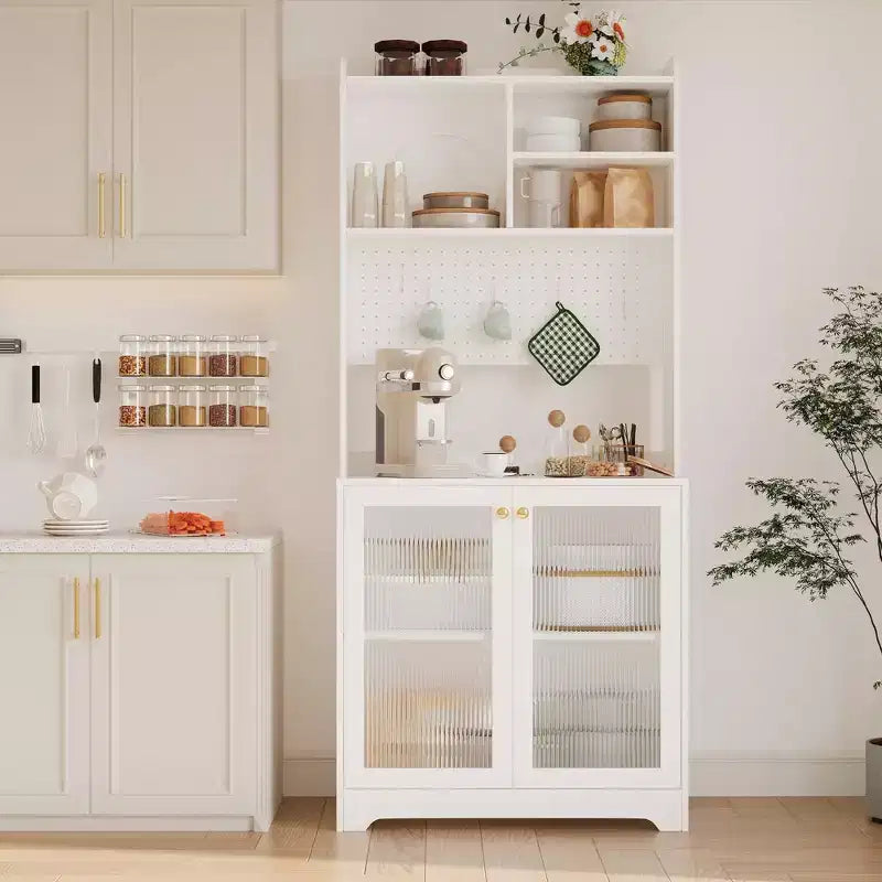 71 Tall Pantry Cabinet with 2 Glass Doors & Adjustable Shelves,Modern Farmhouse Storage for Kitchen, Dining & Living Room