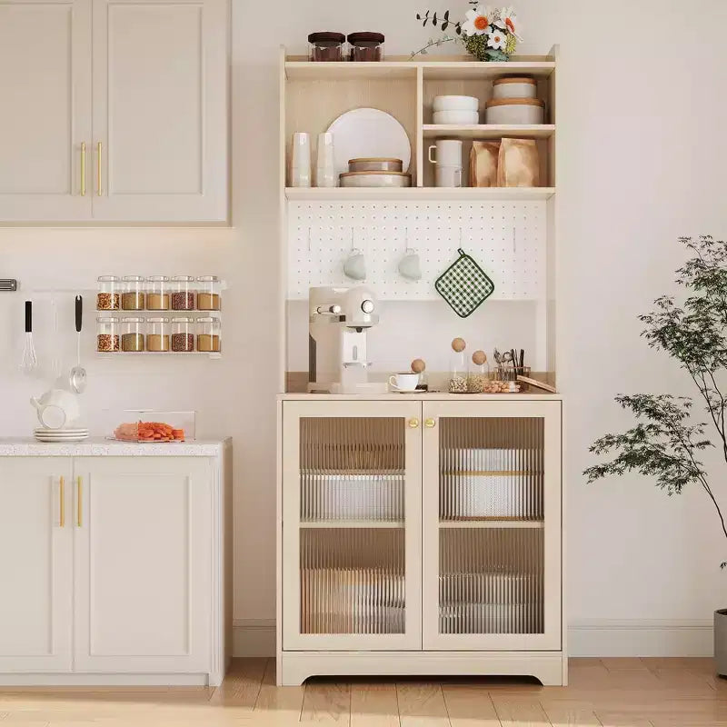 71 Tall Pantry Cabinet with 2 Glass Doors & Adjustable Shelves,Modern Farmhouse Storage for Kitchen, Dining & Living Room