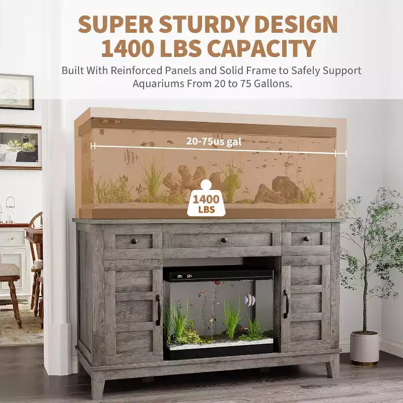 Farmhouse 55-75 Gallon Aquarium Stand with Power Outlet & Drawers, 1400LBS Heavy Duty Fish Tank Cabinet for Fish/Turtle/Reptile Terrarium