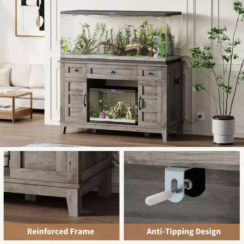 Farmhouse 55-75 Gallon Aquarium Stand with Power Outlet & Drawers, 1400LBS Heavy Duty Fish Tank Cabinet for Fish/Turtle/Reptile Terrarium
