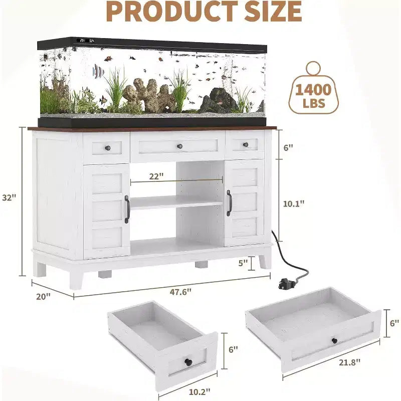 Farmhouse 55-75 Gallon Aquarium Stand with Power Outlet & Drawers, 1400LBS Heavy Duty Fish Tank Cabinet for Fish/Turtle/Reptile Terrarium
