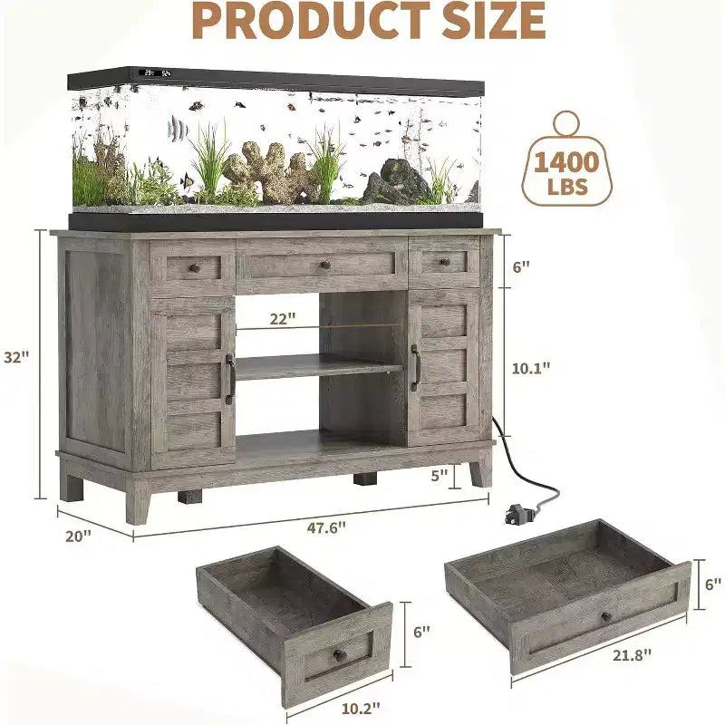 Farmhouse 55-75 Gallon Aquarium Stand with Power Outlet & Drawers, 1400LBS Heavy Duty Fish Tank Cabinet for Fish/Turtle/Reptile Terrarium