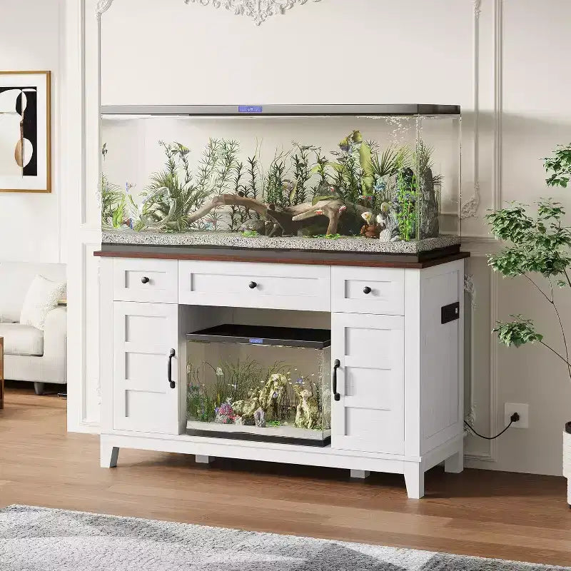 Farmhouse 55-75 Gallon Aquarium Stand with Power Outlet & Drawers, 1400LBS Heavy Duty Fish Tank Cabinet for Fish/Turtle/Reptile Terrarium