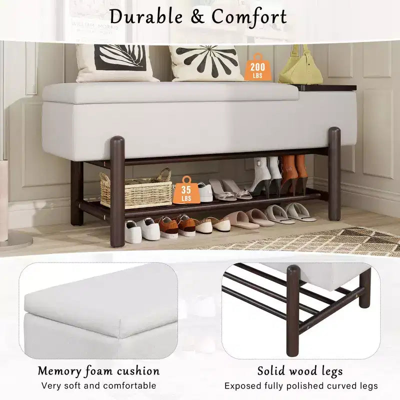 Modern Upholstered Storage Bench with Hidden Storage & Wooden Shoe Rack
