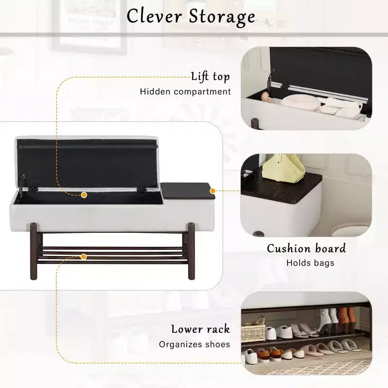 Modern Upholstered Storage Bench with Hidden Storage & Wooden Shoe Rack