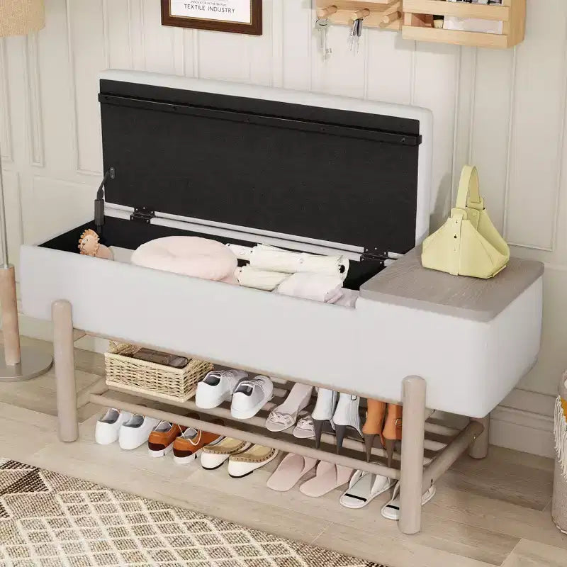Modern Upholstered Storage Bench with Hidden Storage & Wooden Shoe Rack