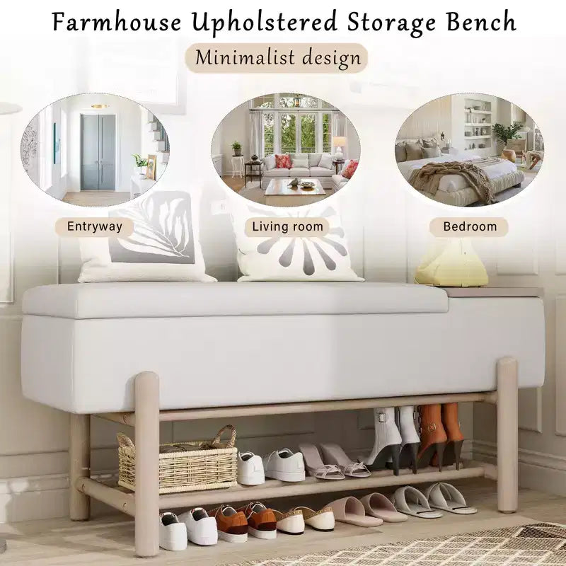 Modern Upholstered Storage Bench with Hidden Storage & Wooden Shoe Rack
