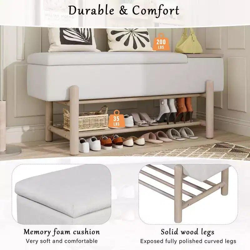 Modern Upholstered Storage Bench with Hidden Storage & Wooden Shoe Rack