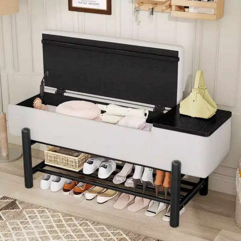 Modern Upholstered Storage Bench with Hidden Storage & Wooden Shoe Rack