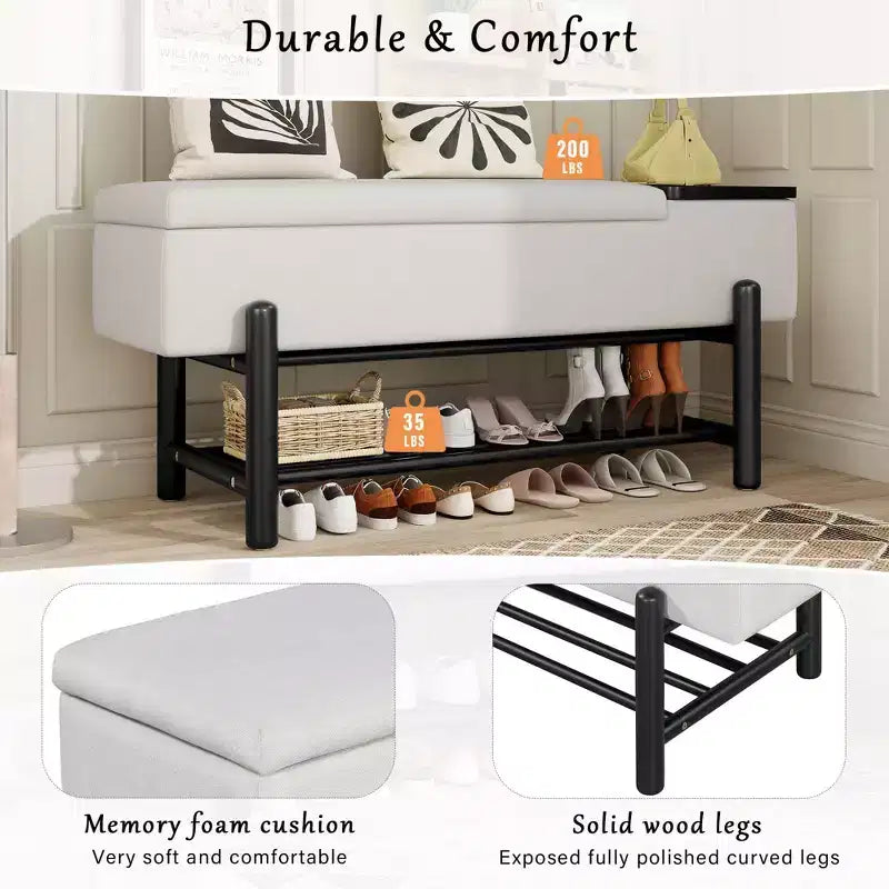 Modern Upholstered Storage Bench with Hidden Storage & Wooden Shoe Rack