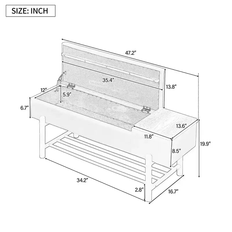 Modern Upholstered Storage Bench with Hidden Storage & Wooden Shoe Rack