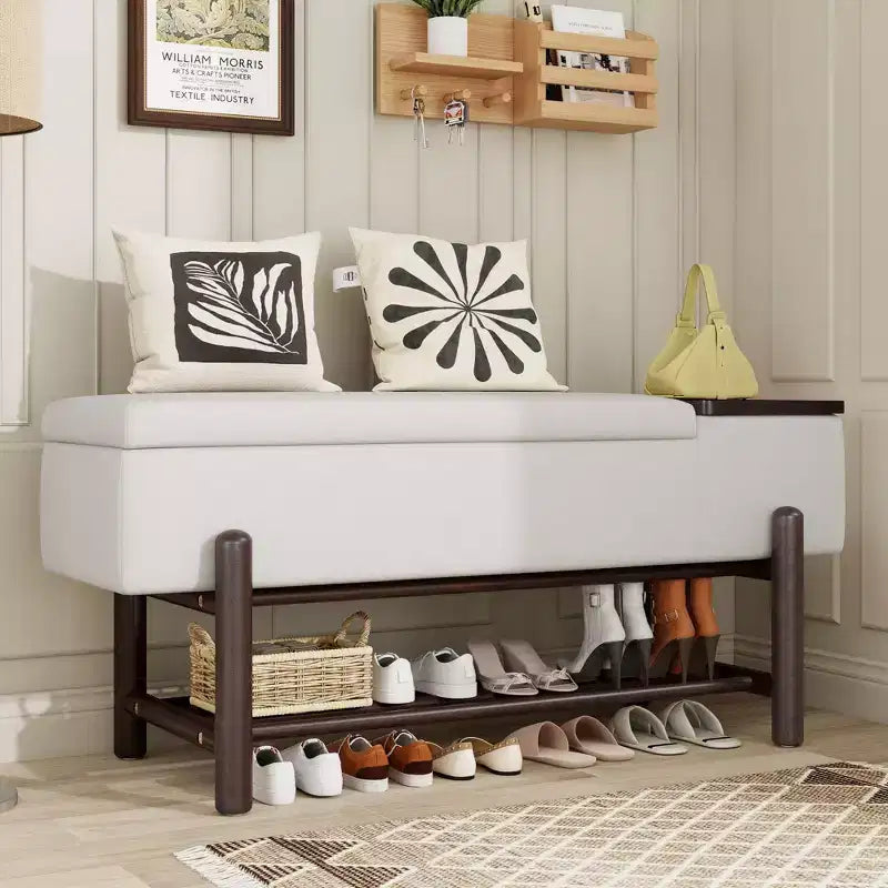 Modern Upholstered Storage Bench with Hidden Storage & Wooden Shoe Rack
